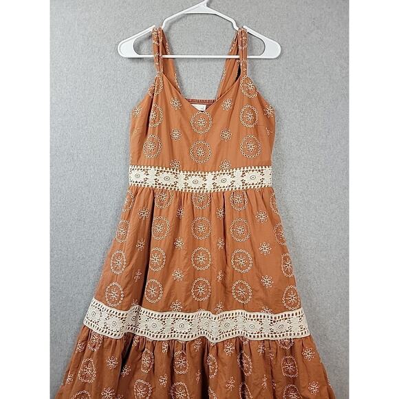 LC Lauren Conrad Rust Floral Eyelet Crochet Trim Maxi Dress Women's Large Lined - Picture 2 of 12